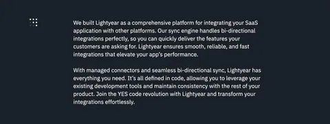 Lightyear about & mission section: two paragraphs of white mission copy beside a small dot-grid icon on a dark charcoal background