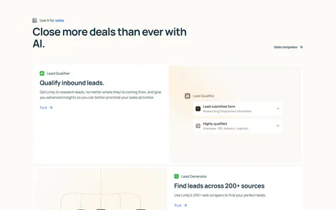 Lindy features section: left-aligned heading above three alternating rows of copy and agent UI mockups, then four small template cards on cream
