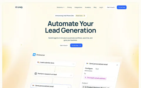 Lindy hero section: nav bar, centered headline and two CTAs above a tilted workflow builder UI with an email step panel, framed by yellow glows