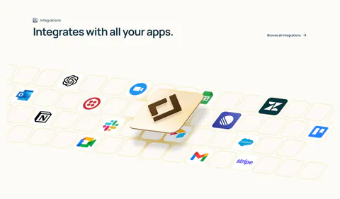 Lindy integrations section: left-aligned heading above an isometric tile grid of app icons with a raised 3D Lindy logo tile on cream
