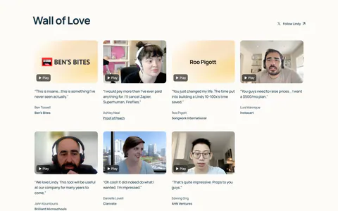Lindy testimonials section: Wall of Love heading above a four-column grid of video testimonial thumbnails with play buttons and quotes on cream