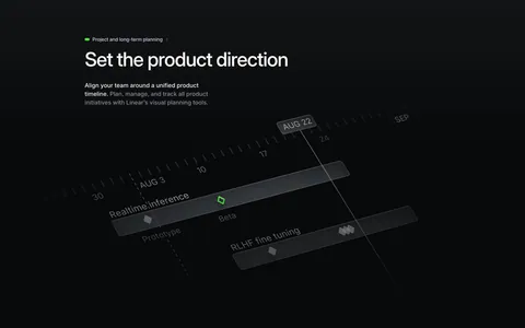 Linear features section: dark section with a tilted project timeline graphic, project overview and update panels, and a collaborative doc mockup