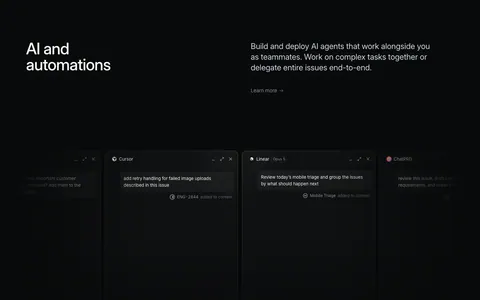 Linear features section: dark headline and copy above a row of agent chat windows fading off both edges, feature links below