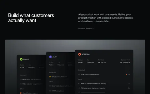 Linear features section: headline left, short copy and link right, above a wide panel of stacked dark customer request cards on near-black