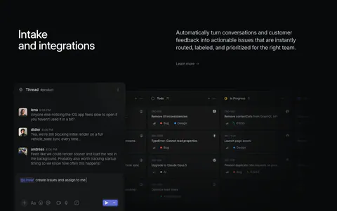 Linear features section: dark headline and copy above a Slack thread overlapping a kanban board screenshot, feature links below