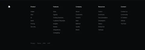 Linear footer section: dark footer with a logo mark, five link columns and a row of legal links