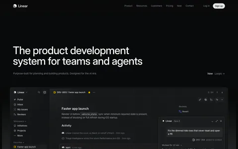 Linear hero section: dark page with a large left-aligned headline and a full-width issue tracker screenshot with an agent chat panel