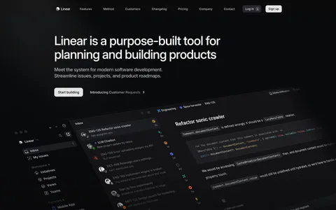 Linear hero section: nav bar, left-aligned headline, subcopy and two CTAs above a tilted dark app screenshot showing inbox and an issue view