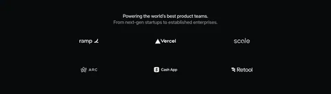Linear logo cloud section: centered two-line intro above a three-by-two grid of white customer logos such as Ramp, Vercel and Cash App on black