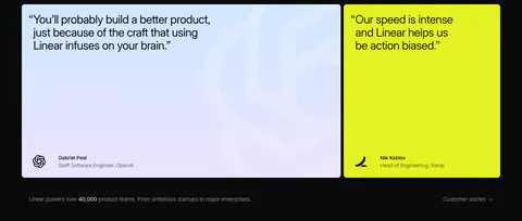 Linear testimonials section: dark background with a large blue-lavender gradient quote card and a lime quote card, caption below