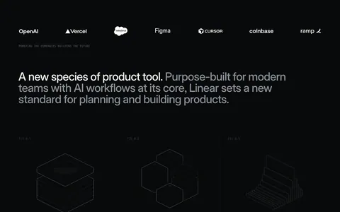 Linear value proposition section: dark logo strip, two-tone statement and three columns with isometric line drawings and short benefits