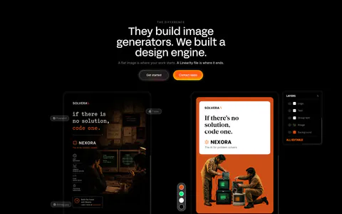 Linearity comparison section: centered headline above a flat image mockup versus an editable ad design with a layers panel, on black