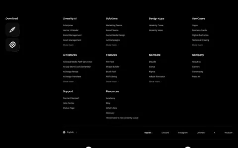 Linearity footer section: dense link columns with app download icons, a giant white Linearity wordmark and a customer logo strip on black