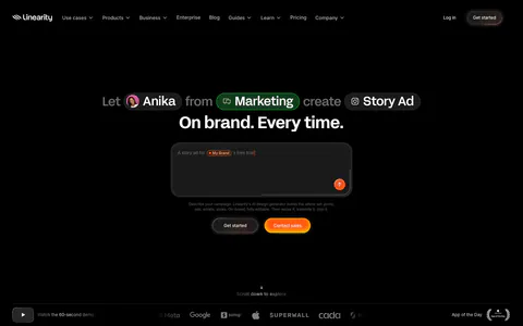 Linearity hero section: centered headline with inline avatar and tag chips above a dark prompt box, two buttons and a logo strip on black