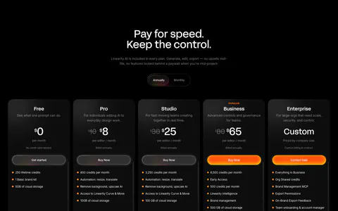 Linearity pricing section: centered headline and annual/monthly toggle above five dark plan cards with orange accent buttons on black