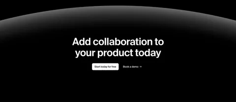 Liveblocks call-to-action section: centered white headline and two buttons beneath a glowing gray planet-like arc on a black background