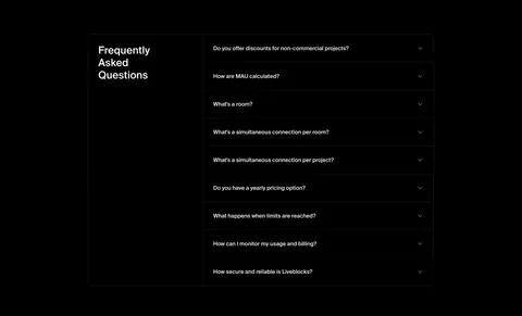 Liveblocks FAQ section: bordered two-column panel with the heading on the left and a collapsed nine-question accordion on the right, on black