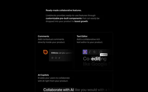 Liveblocks features section: short intro copy above a dark bento grid of comments, text editor, AI copilot, notifications and presence UI tiles