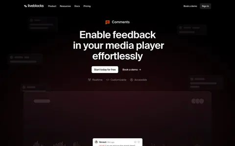 Liveblocks hero section: nav bar, centered headline and two CTAs above a media player waveform mockup with a comment thread on a maroon glow