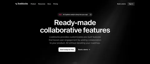 Liveblocks hero section: nav bar, announcement pill, large centered white headline, subcopy and two CTAs on black with a faint light beam