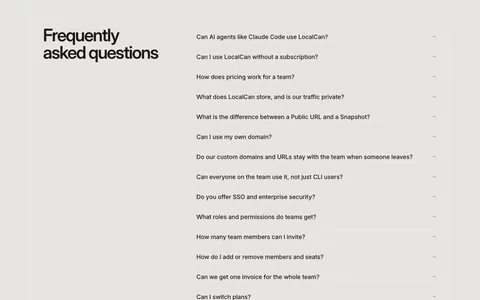 LocalCan FAQ section: two-line headline on the left beside a long collapsed accordion of questions on a light gray background