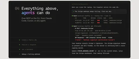 LocalCan features section: monospace headline and agent task list on the left of a dark panel, terminal transcript debugging a webhook on the right