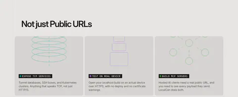 LocalCan features section: left-aligned headline above three equal gray cards with thin line drawings for TCP, devices and MCP servers