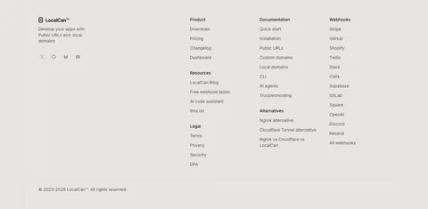 LocalCan footer section: logo, tagline and social icons on the left, link columns for product, docs, alternatives and webhooks, copyright row