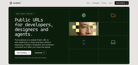 LocalCan hero section: monospace headline and two buttons on a dark green panel, with a grid of icons and a pixelated portrait on the right