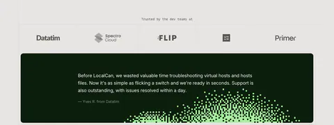 LocalCan testimonial section: row of grayscale customer logos above a dark green quote card with a green pixel dither pattern