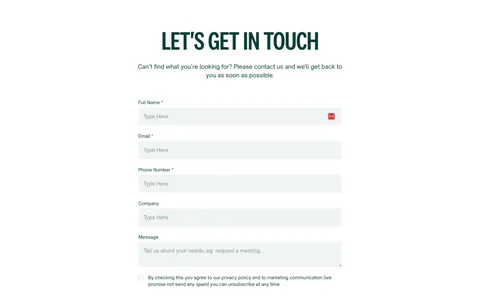 Localyzer contact section: centered headline above a stacked contact form with name, email, phone, company and message fields