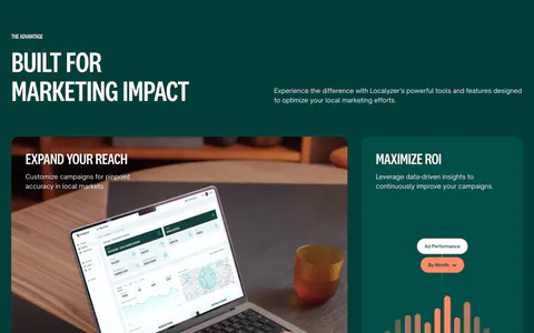 Localyzer features section: bento grid on dark green with a laptop photo tile, ad chart tile and bright colored benefit cards