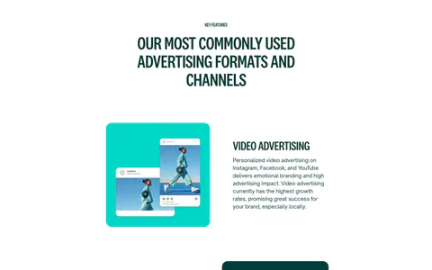 Localyzer features section: centered heading over zig-zag rows pairing ad-format descriptions with colored ad mockup cards