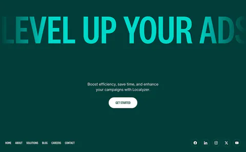 Localyzer footer section: full-width teal display headline on dark green with centered CTA, nav links and social icons