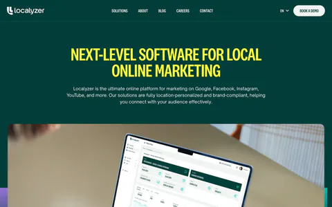 Localyzer hero section: centered yellow headline on dark green above a laptop photo showing the dashboard and three benefit cards