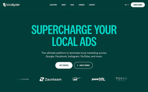 Localyzer hero section: centered teal headline on dark green with two CTAs, a customer logo row and a palm-tree ad photo below