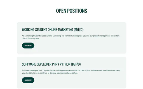 Localyzer careers section: centered heading above three stacked job cards with read-more buttons on a white background