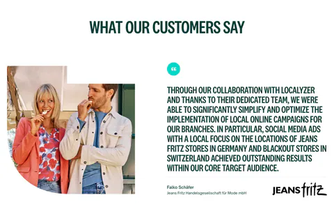 Localyzer testimonials section: customer photo beside a large uppercase quote with client logo and carousel arrows on white
