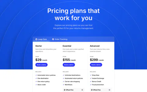 Loop pricing section: centered headline on blue arc background above a tabbed three-tier pricing card with feature checklists