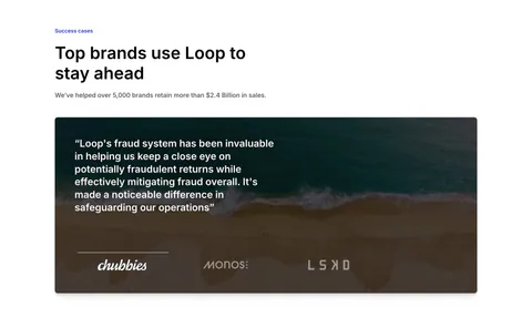 Loop testimonials section: left-aligned headline above a quote card over an aerial beach photo with brand logo tabs