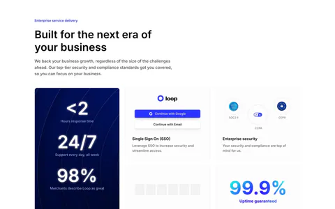 Loop value proposition section: headline above a bento grid with a tall navy stats card and SSO, security, 2FA and uptime tiles