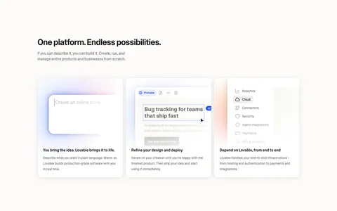 Lovable features section: left-aligned headline above three equal cards with prompt box, editor preview and settings menu UI mockups