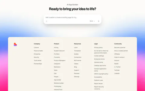 Lovable footer section: centered prompt input CTA above a cream footer card with five link columns, set on a blue, pink and orange gradient