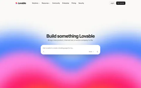 Lovable hero section: centered headline and AI prompt input box over a vivid blue, pink and red gradient, with top navigation bar