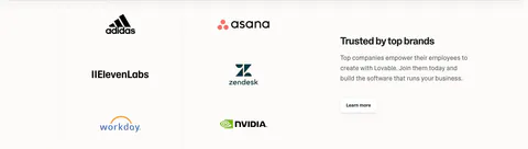 Lovable logo cloud section: two-column grid of brand logos like adidas, NVIDIA and asana beside a heading, copy and Learn more button