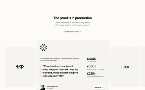 Lovable testimonials section: centered heading above a case study carousel with a quote, three metrics, founder avatar and arrow controls