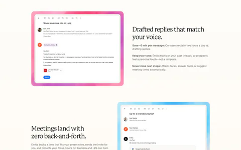 Lynq features section: alternating rows of serif headlines and email UI screenshots in watercolor frames on a cream background