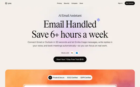 Lynq hero section: centered serif headline and CTA on cream above an inbox UI mockup on an orange-purple watercolor panel
