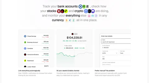 Maybe features section: centered sentence headline with inline logos above three cards showing account list, chart and loan form UI