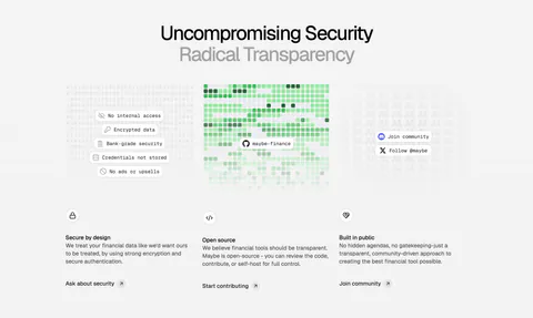 Maybe features section: centered two-tone headline above three columns on security, open source and community with textured visuals